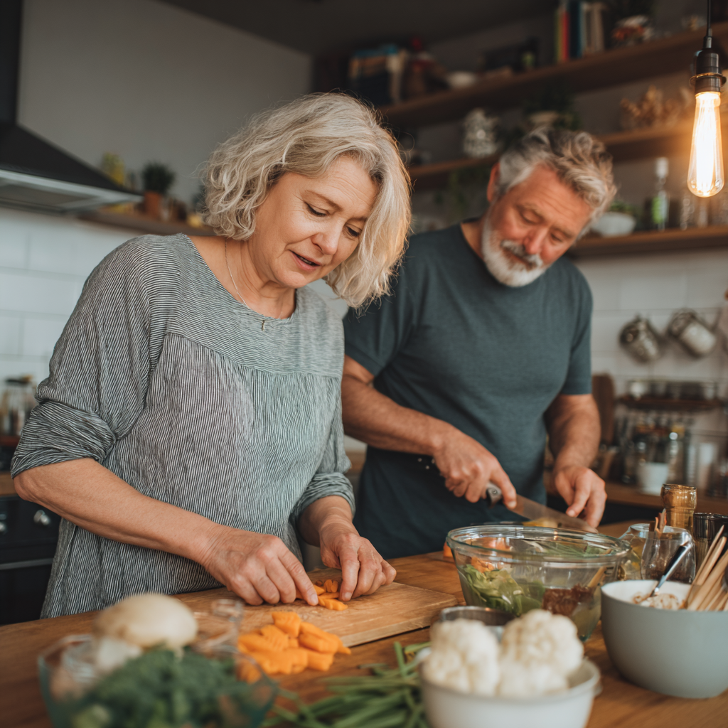 Middle-aged woman and older man preparing healthy meal together in modern kitchen