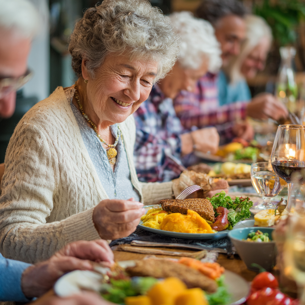 Older adults enjoying colorful diverse healthy meals at dining table